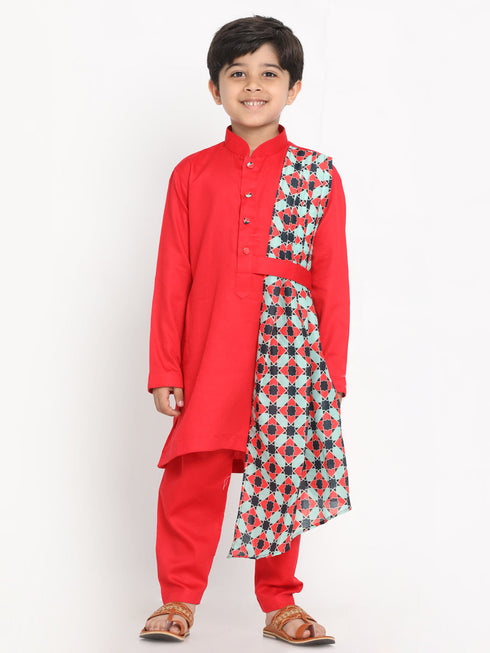 JBN CREATION Boy's Printed Dupatta Attached With A Belt Red Kurta And Pyjama Set